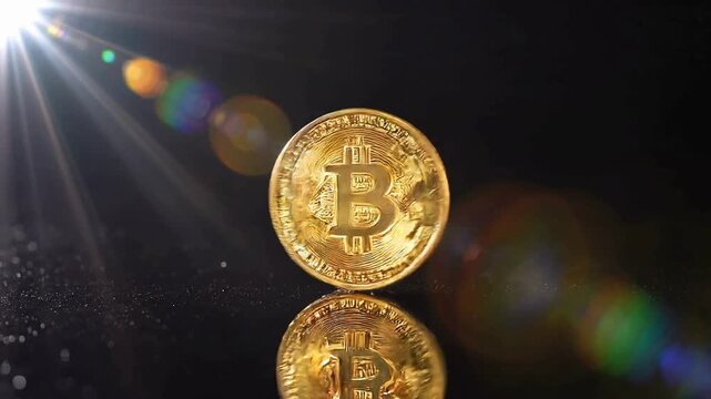 Close-up of a shiny gold Bitcoin coin reflecting on a dark surface with lens flare