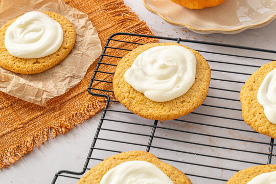 Pumpkin cookie with cream cheese frosting. Fall and autumn dessert