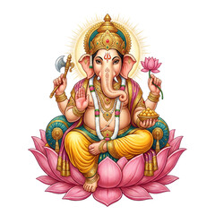 Obraz premium Ganesha sitting on lotus flower holding axe and sweets, isolated on transparent background