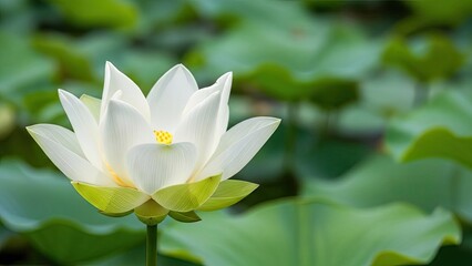 Close up of a white lotus flower blooming amidst green leaves