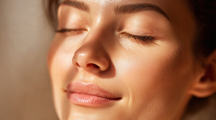 Fototapeta premium Radiant woman portrait with full face, soft smooth lips and closed eyes basking in warm sunlight, serene expression and glowing skin