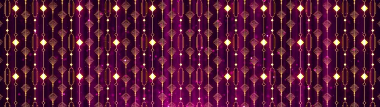 Luxury Art Deco Pattern Background with Golden Ornaments and Purple Silk Curtains