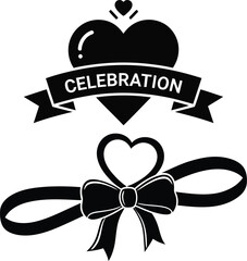 Black and white celebration graphic with heart and bow isolated on transparent background