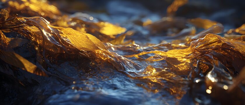 Midst of sango's golden hue delicate strand of seaweed dance across bed of icy cold water clean professional stock photo sharp macro photography style cinematic realism ultra photorealistic no text no