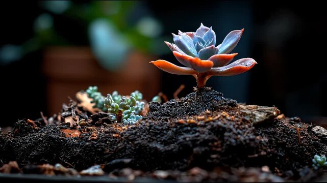 A close-up showcases a succulent's vibrant rosette amidst dark soil. Other small plants in background. Warm light & cool color