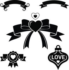 Black heart ribbons and love ornaments isolated on transparent background