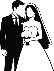 Black and white illustration of a romantic wedding couple isolated on transparent background