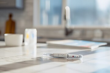 A positive pregnancy test sits on a kitchen counter, with other baby items visible in the soft daylight