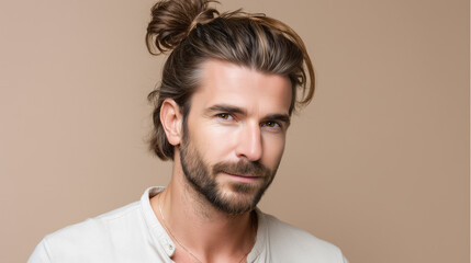 Obraz premium Handsome man with top knot hairstyle calm confident soft beige background portrait natural lighting relaxed expression