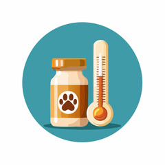 Pet Health Essentials: A concise illustration of veterinary care, featuring a vial of medicine and a thermometer, highlighting the essence of animal healthcare.