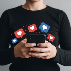 Hands holding a smartphone with social media like and heart icons popping out, representing engagement and online popularity.