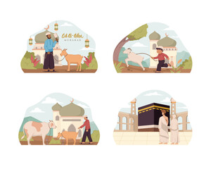 Qurban and Eid Al-Adha Ritual Illustration Set