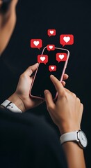 Person holding a smartphone with many red and blue heart icons appearing, symbolizing social media likes and user engagement.