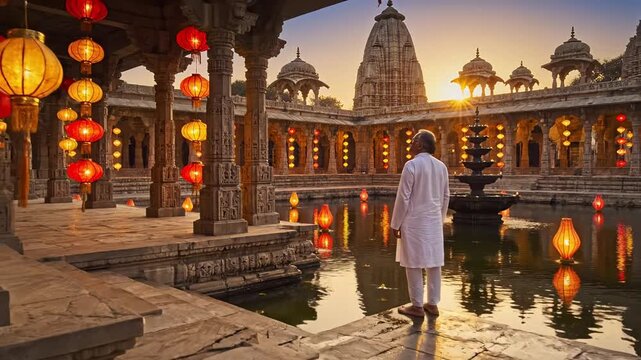 Man in white traditional clothing stands by temple water tank at sunset, glowing lanterns and carved stone architecture, serene travel mood for Diwali festival