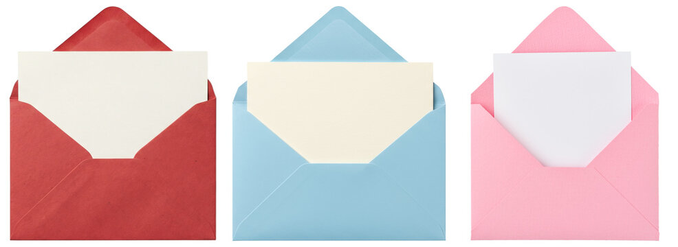 a clean photograph presenting three open colorful envelopes in red, blue, and pink, each holding a blank white card, ready for text.
