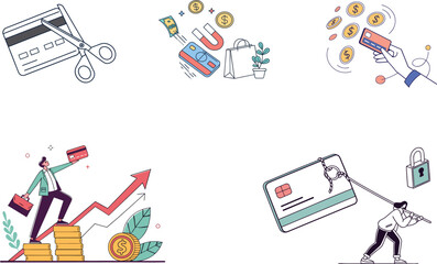 Set of Financial Illustrations for Credit Card Management, Debt, and Wealth Growth