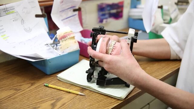 Checking occlusion in the articulator at dental laboratory