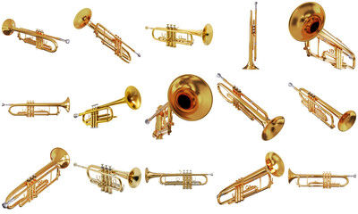a vibrant photograph showcasing multiple gleaming golden trumpets arranged dynamically against a transparent background. © Feroz Qazi