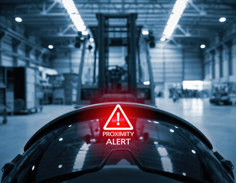 Focused futuristic industrial worker wearing smart helmet visor with glowing red proximity alert icon in busy warehouse sensing danger with high tech safety equipment