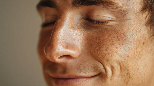 Young man with subtle face shine warm golden spa ambience smiling with closed eyes and visible freckles and dimples