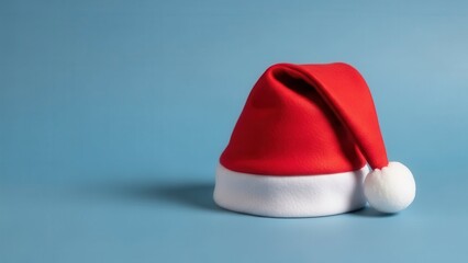 Red and white santa claus hat on blue background with copy space