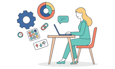 Fototapeta premium Business Meeting and Presentation Illustration Set – Teamwork, Office Discussion, Data Analysis, Marketing Strategy, and Corporate Collaboration
