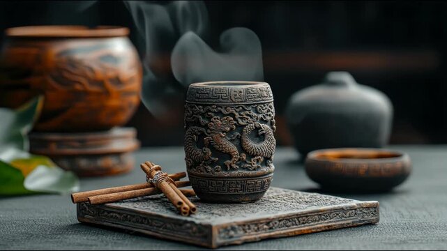 A detailed image of an ornate, cylindrical vessel with dragon carvings, accompanied by incense smoke, cinnamon sticks, and other vessels