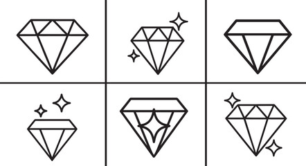 Black line diamond icon set with elegant outline gemstone symbols for luxury, jewelry, UI and web design © MdMoziber