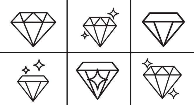 Black line diamond icon set with elegant outline gemstone symbols for luxury, jewelry, UI and web design