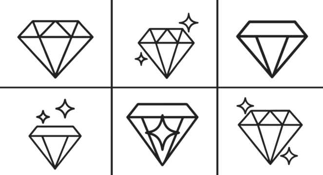 Black line diamond icon set with elegant outline gemstone symbols for luxury, jewelry, UI and web design