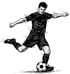 Soccer Player Kicking Ball Silhouette, Football Athlete Action Dynamic Sports Vector Illustration