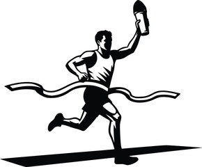 Winning Athlete Celebration Silhouette, Sports Victory Running Pose Dynamic Vector Illustration
