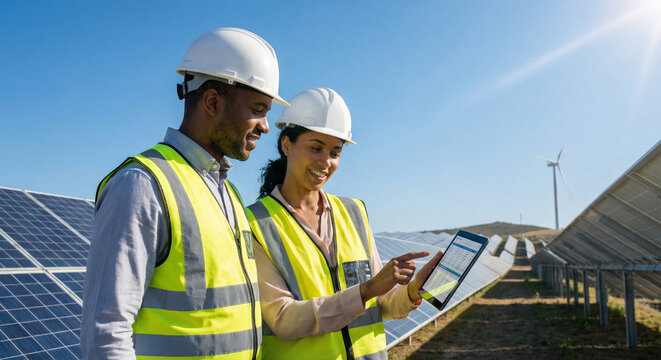 Two happy engineers in hard hats and safety vests checking data on a tablet at a solar power plant with wind turbines, capturing a renewable energy concept.