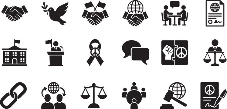 Diplomacy icon set with international relations, negotiation, peace and cooperation symbols for web UI