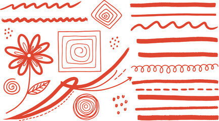 red hand drawn shapes and lines on white background