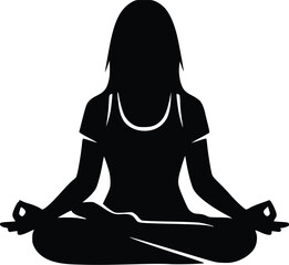 Woman Meditation Yoga Pose Silhouette, Calm Mindfulness Lotus Position Wellness Vector Illustration
