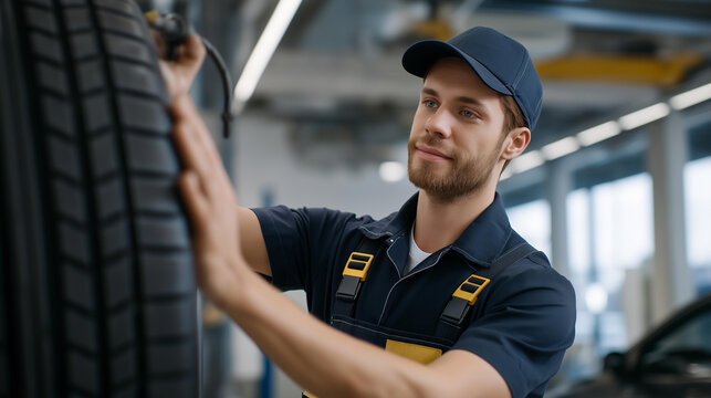 An automotive service center shows a staff member demonstrating how to check car tire pressure, educating customers on the role of tire maintenance in overall vehicle health and performance.