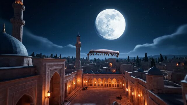 Magical flying carpet gracefully soaring over a moonlit ancient Middle Eastern cityscape at night with intricate patterns and vibrant colors, creating an enchanting fantasy scene video footage