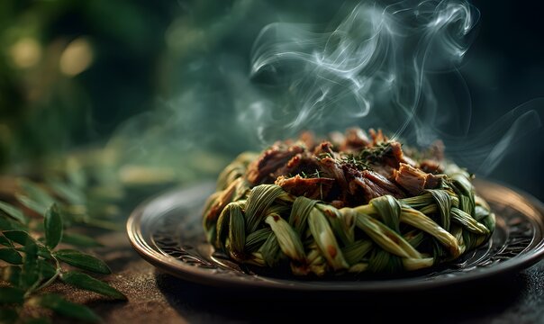 Silky Lisch'em qixasch'ich' shxinighwexer Circassian dish of tenderly wrapped lamb shred fragrant spice steaming savory perfection over emerald green fire where aroma of ancient forest golden pasture