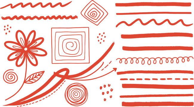 red hand drawn shapes and lines on white background