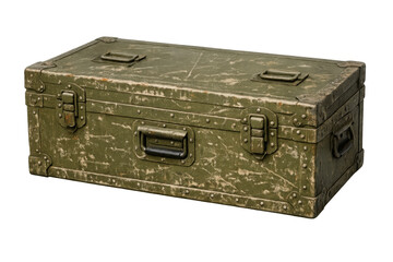 Weathered military footlocker providing secure storage, showing vintage style and durability, transparent background