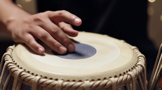 Close-up of a person playing traditional hand drum with fingers