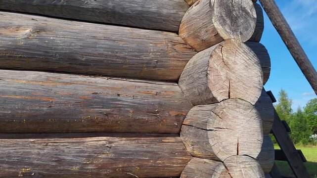 Corner of Wooden Log Cabin with Notched Joint, Close-Up