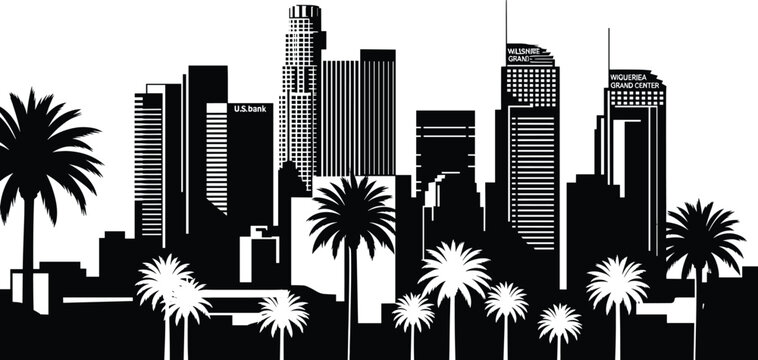 Los Angeles cityscape with palm trees skyline buildings los angeles, cityscape, palm trees, skyline, buildings, urban, black and white, city, landscape, palm tree, silhouette, architecture, cityscape 