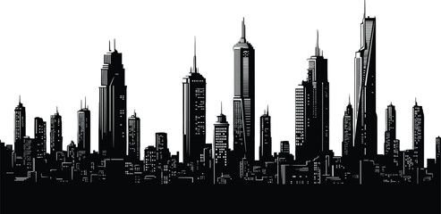 Black and white city skyline with skyscrapers cityscape city, cityscape, skyline, skyscrapers, buildings, urban, architecture, black and white, cityscape urban landscape, city skyline, towers, windows