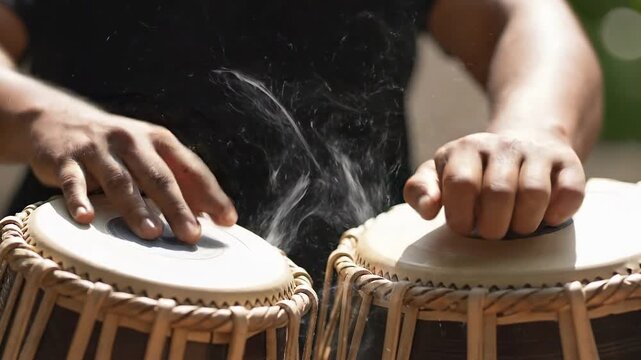 Percussionist Playing Traditional Hand Drums in Performance