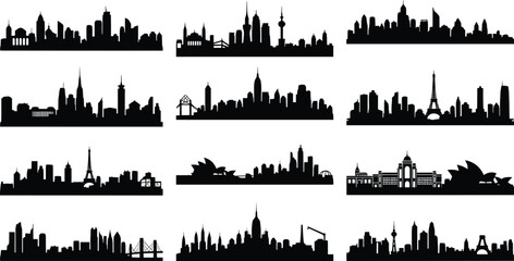 Black silhouettes of city skylines from various cities city skylines, silhouettes, black, urban landscapes, cityscapes, buildings, buildings silhouettes, city silhouettes, skyline silhouettes, black a
