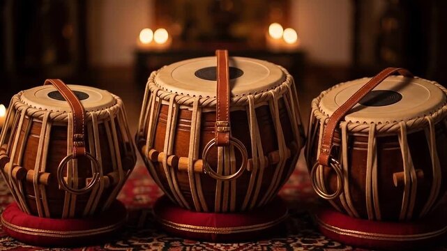 Traditional Indian tabla drums on ornate rug with candles