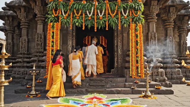 Festive Hindu temple celebration with decorated entrance during festive occasion. Devotees entering temple adorned with marigold flowers and colorful rangoli designs.