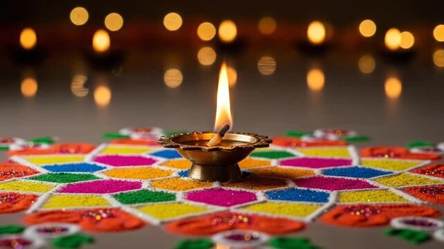 Colorful Rangoli Art with Candle Flame for Festival Celebration